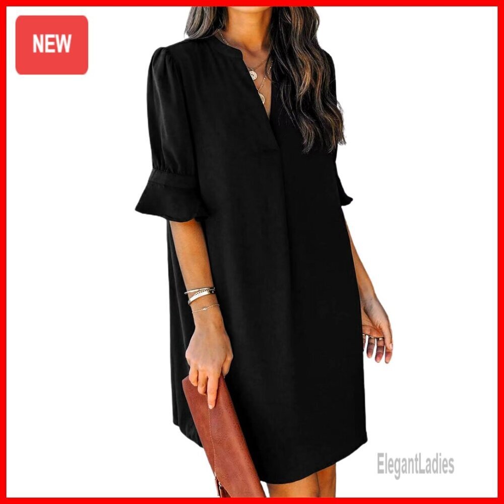 V-Neck Ruffle Shift Dress, Polyester Casual Mini Dress for Women